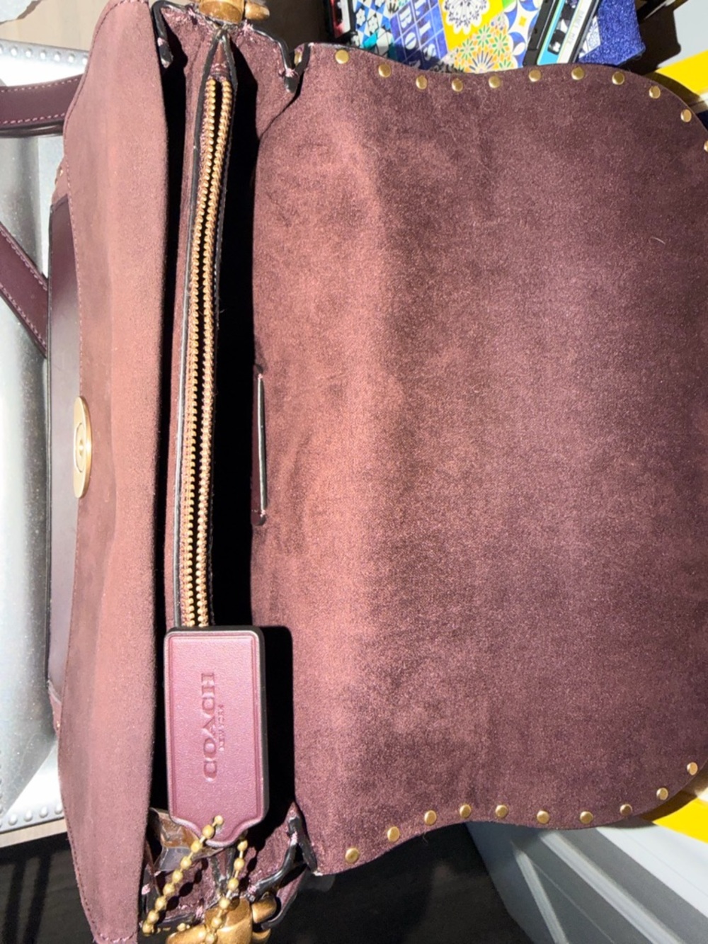 COACH Brown Suede Shoulder Bag with Gold Studs